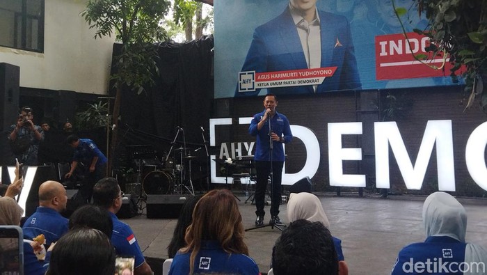 AHY di depan para kader Partai Demokra, 8 Maret 2024. (Kurniawan Fadilah/detikcom)