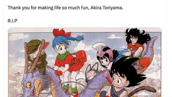 Tidak ada yang lebih berarti bagi masa kecil saya ketimbang Dragon Ball. Terima kasih membuat hidup ini menyenangkan, Akira, tulis fans yang satu ini. Foto: Twitter