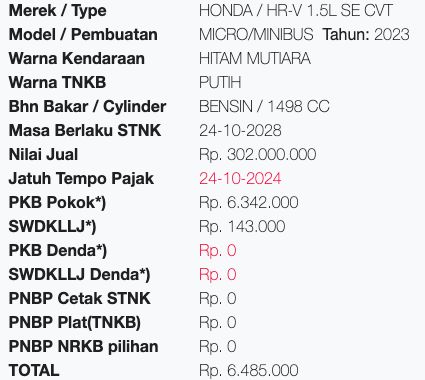 Pajak Honda HR-V. Foto: Screenshot Samsat Jakarta