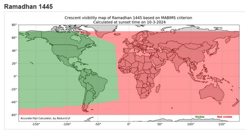 Peta penampakan bulan untuk Ramadan 1445 H berdasarkan kriteria MABIMS dihitung pada saat matahari terbenam 10 Maret 2024 Foto: Pasti Liberti