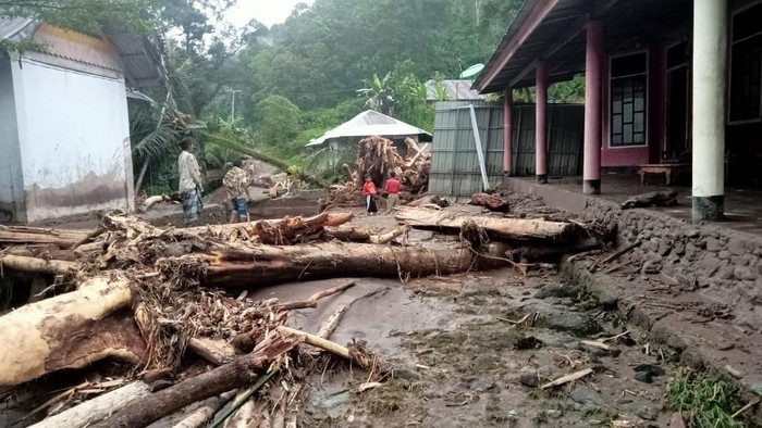 Sejumlah warga melihat batang pohon yang memasuki kawasan permukiman warga usai banjir bandang, di Pesisir Selatan, Sumbar. (Dok. Istimewa)