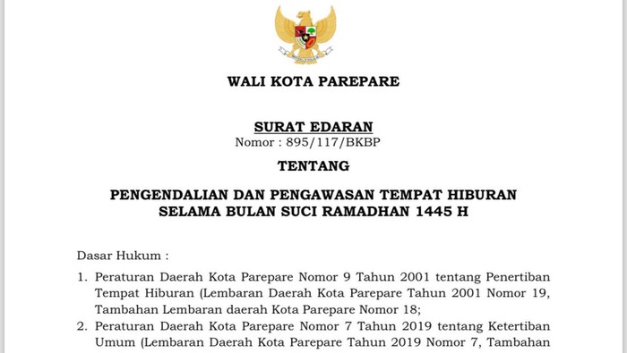 Surat edaran penutupan THM di Parepare.