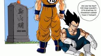 Dalam fanart ini Son Goku dan Vegeta sampai berhenti latihan tarung karena Akira Toriyama meninggal. Foto: Facebook