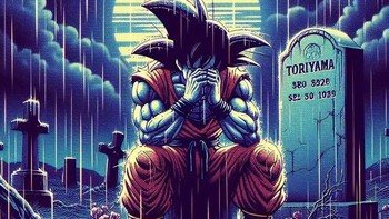 Fanart yang ini juga sedih banget Son Goku meratapi wafatnya Akira Toriyama. Foto: Facebook