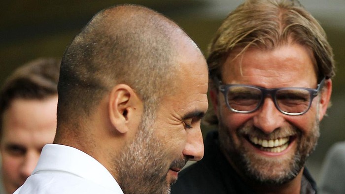Trainer Coach Pep Josep Guardiola FC Bayern München Munich mt Trainer Jürgen Juergen Klopp Borussia Dortmund Supercup Fussball Borussia Dortmund BVB - FC Bayern München Saison 2013/ 2014 (Photo by sampics/Corbis via Getty Images)