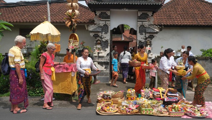 Tradisi Mesuryak Hari Raya Kuningan Pemuka agama Hindu berdoa dengan sesajen berisi uang saat tradisi Mesuryak di Desa Bongan Gede, Tabanan, Bali, Sabtu (9/3/2024). Tradisi yang digelar setiap Hari Raya Kuningan sebagai rasa suka cita untuk mengantarkan roh para leluhur kembali ke surga tersebut disaksikan wisatawan domestik dan mancanegara yang berkunjung ke desa itu. ANTARA FOTO/Nyoman Hendra Wibowo/nz