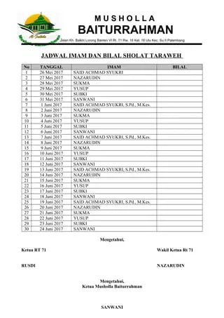 contoh jadwal imam dan bilal tarawih ramadhan Musholla Baiturrahman Palembang