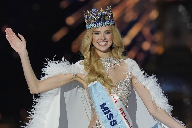 Miss World 2024 Karolina Bielawska Karolina Bielawska of Poland, left, crowned her successor Krystyna Pyszková of Czech Republic after she who won the 71st Miss World pageant in Mumbai, India, Saturday, Mar. 9, 2024. (AP Photo/Rajanish Kakade)