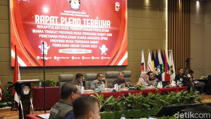 Rapat pleno rekapitulasi suara Pemilihan Umum (Pemilu) 2024 untuk Provinsi NTB di Hotel Lombok Garden pada Minggu (10/3/2024).
Foto: Helmy Akbar / detikBali