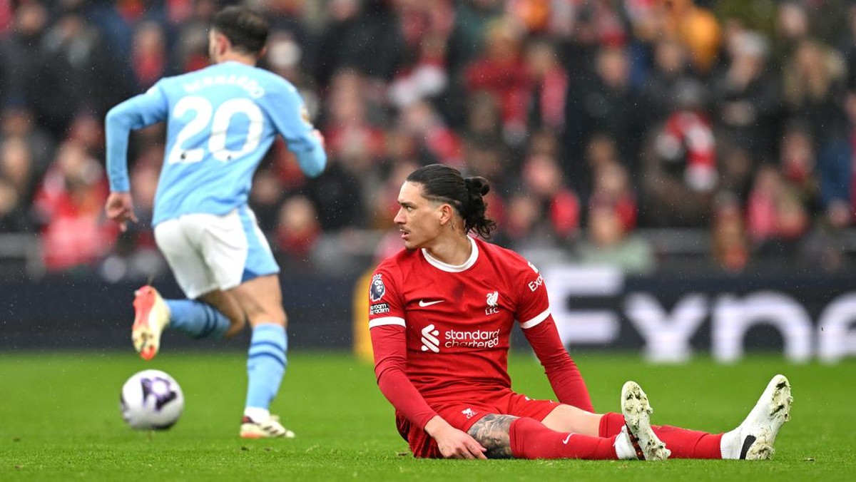 Darwin Nunez di laga Liverpool vs Man City. (Foto: Getty Images/Michael Regan)