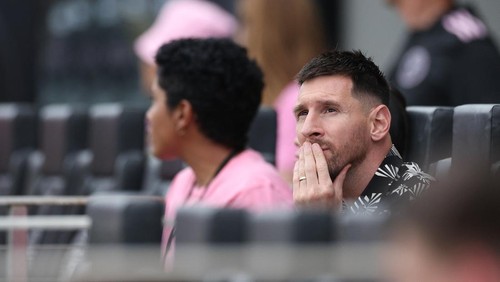 Mar 10, 2024; Fort Lauderdale, Florida, USA; Inter Miami CF forward Lionel Messi (10) watches the game against CF Montreal from the stands during the first half at Chase Stadium. Mandatory Credit: Nathan Ray Seebeck-USA TODAY Sports