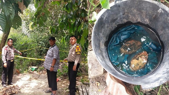 Kolase Foto: Pihak kepolisian mengamankan lokasi penemuan granat di Sergai. Granat yang ditemukan sejumlah bocah di Sungai Padang, Sergai. (Dok. Polres Tebing Tinggi)