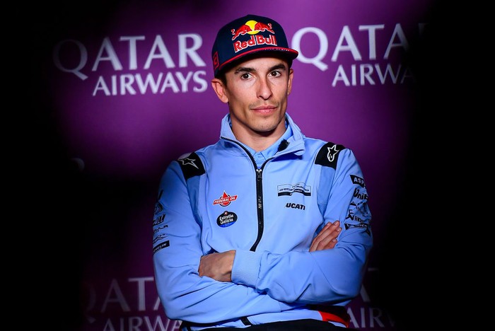 Spanish MotoGP rider Marc Marquez from Gresini Racing MotoGP is attending the Pre-Event Press Conference at the MotoGP of Qatar at the Lusail International Circuit in Lusail, Qatar, on March 7, 2024. (Photo by Noushad Thekkayil/NurPhoto via Getty Images)