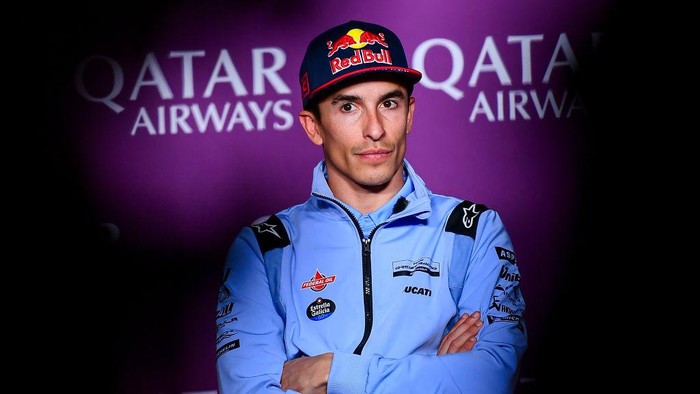 Spanish MotoGP rider Marc Marquez from Gresini Racing MotoGP is attending the Pre-Event Press Conference at the MotoGP of Qatar at the Lusail International Circuit in Lusail, Qatar, on March 7, 2024. (Photo by Noushad Thekkayil/NurPhoto via Getty Images)