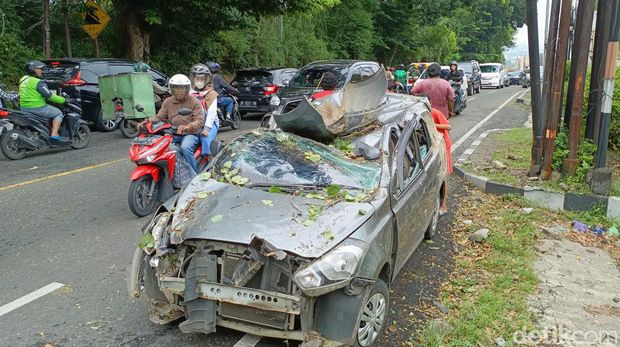 Mobil tertimpa pohon di Semarang, Selasa (12/3/2024).