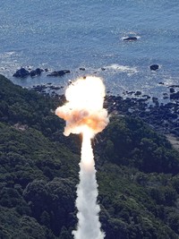Japans Space Ones small, solid-fueled Kairos rocket exploded shortly after its inaugural launch at Space Ones launching pad on the tip of Kii peninsula in Kushimoto town, Wakayama prefecture, Japan March 13, 2024, in this photo taken by Kyodo. Mandatory credit Kyodo via REUTERS ATTENTION EDITORS - THIS IMAGE WAS PROVIDED BY A THIRD PARTY. MANDATORY CREDIT. JAPAN OUT. NO COMMERCIAL OR EDITORIAL SALES IN JAPAN