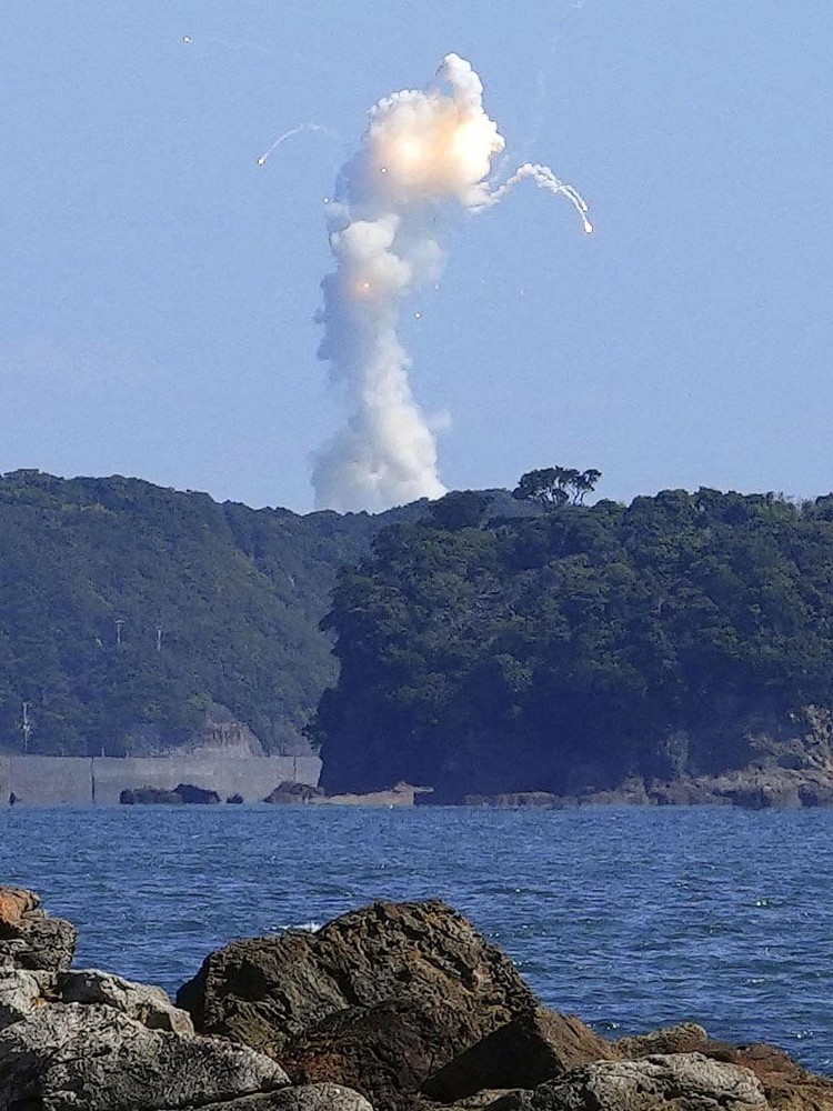 Japans Space Ones small, solid-fueled Kairos rocket exploded shortly after its inaugural launch at Space Ones launching pad on the tip of Kii peninsula in Kushimoto town, Wakayama prefecture, Japan March 13, 2024, in this photo taken by Kyodo. Mandatory credit Kyodo via REUTERS ATTENTION EDITORS - THIS IMAGE WAS PROVIDED BY A THIRD PARTY. MANDATORY CREDIT. JAPAN OUT. NO COMMERCIAL OR EDITORIAL SALES IN JAPAN