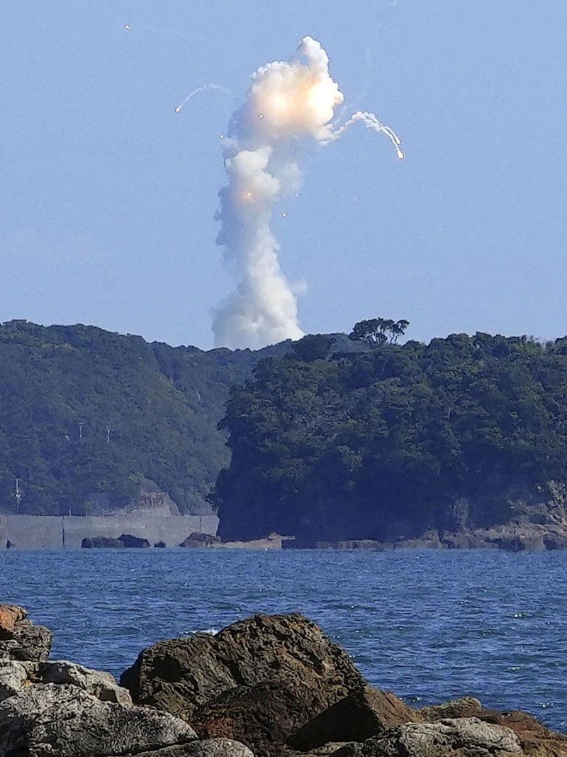 Japan's Space One's small, solid-fueled Kairos rocket exploded shortly after its inaugural launch at Space One's launching pad on the tip of Kii peninsula in Kushimoto town, Wakayama prefecture, Japan March 13, 2024, in this photo taken by Kyodo. Mandatory credit Kyodo via REUTERS ATTENTION EDITORS - THIS IMAGE WAS PROVIDED BY A THIRD PARTY. MANDATORY CREDIT. JAPAN OUT. NO COMMERCIAL OR EDITORIAL SALES IN JAPAN