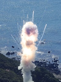 Japans Space Ones small, solid-fueled Kairos rocket exploded shortly after its inaugural launch at Space Ones launching pad on the tip of Kii peninsula in Kushimoto town, Wakayama prefecture, Japan March 13, 2024, in this photo taken by Kyodo. Mandatory credit Kyodo via REUTERS ATTENTION EDITORS - THIS IMAGE WAS PROVIDED BY A THIRD PARTY. MANDATORY CREDIT. JAPAN OUT. NO COMMERCIAL OR EDITORIAL SALES IN JAPAN