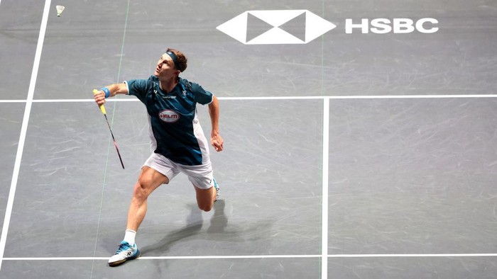 BIRMINGHAM, ENGLAND - MARCH 12: Viktor Axelsen of Denmark in action against Srikanth Kidambi of India in the Mens Singles Match on Day One of the Yonex All England Open Badminton Championships 2024 at Utilita Arena Birmingham on March 12, 2024 in Birmingham, England. (Photo by Morgan Harlow/Getty Images)