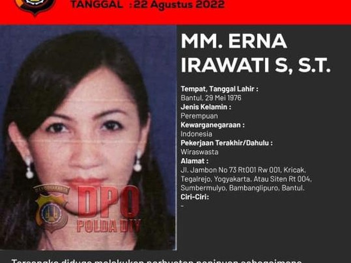 Erna Irawati, buronan Polda DIY. Foto diunggah Kamis (14/3/2024).