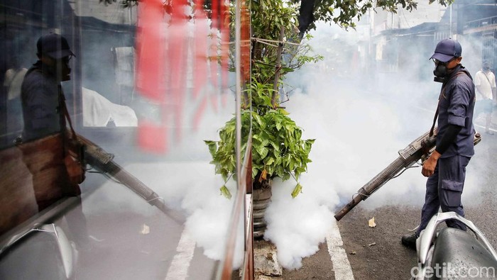 Seorang petugas dari Puskesmas Kecamatan Tanjung Priok melakukan fogging di kawasan Sunter Agung, Jakarta Utara, Kamis (14/3/2024).