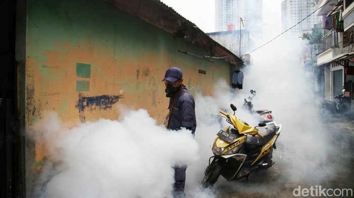 Seorang petugas dari Puskesmas Kecamatan Tanjung Priok melakukan fogging di kawasan Sunter Agung, Jakarta Utara, Kamis (14/3/2024).