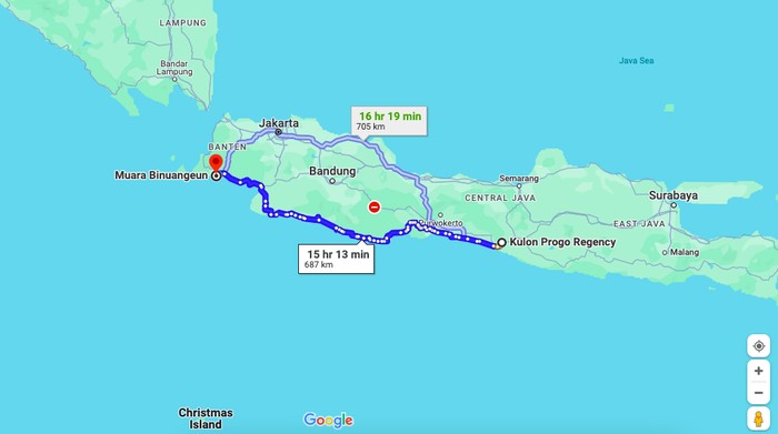 Ilustrasi: Peta Google Map sebagai gambaran jauhnya jarak antara Lebak dengan Kulon Progo. (Tangkapan layar Google Map)