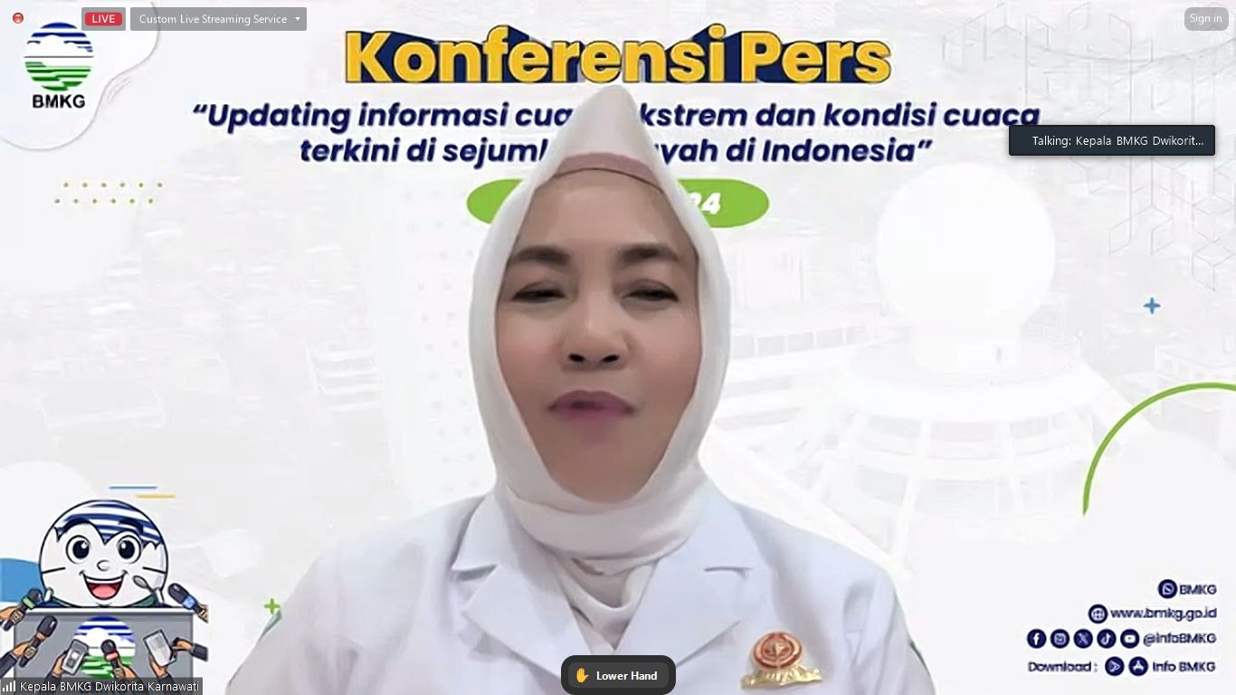 Kepala BMKG Dwikorita Karnawati menggelar jumpa pers virtual tentang cuaca ekstrem, Kamis (14/3/2024).
