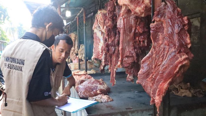 Petugas RPH Surabaya sedang melakukan pengecekan stok daging.