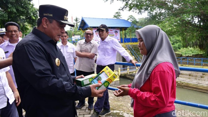 Pj Gubernur Sulsel Bahtiar Baharuddin memberikan bantuan benih ikan air tawar di Bone.