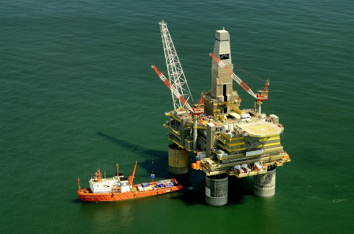 Russia oil platform rig and boat