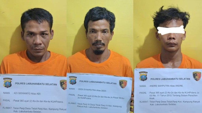 Tampang para pelaku perampokan dan penganiayaan saat diamankan di kantor polisi.(Dok. Polres Labusel)