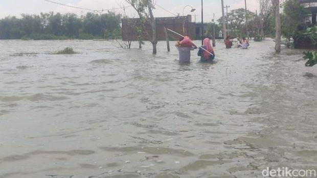 Akses jalan desa di Desa Prampelan, Kecamatan Sayung, Demak yang masih terendam 80 hingga 100 cm, Jumat (15/3/2024)