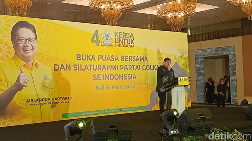 Ketua Umum Partai Golkar pidato syukuran di The Nusa Dua, Jumat (15/2/2024).   (Aryo Mahendro/detikBali)