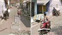 Keberadaan mobil Google Street View memang sering bikin salfok. Masnya sampai masuk ke selokan, tuh. (Foto: Twitter)