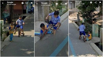 Gegara terlalu fokus melihat mobil Google Street View, Si Bocil menyerempet bocah di pinggir jalan. Foto: Twitter