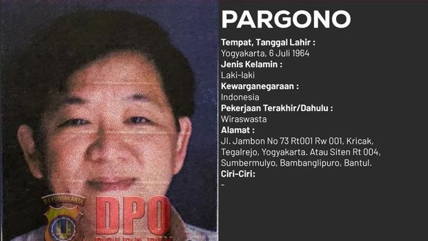 Pargono ditetapkan sebagai buron Polda DIY berdasarkan DPO/32/VIII/2022/Ditreskrimum. Foto diunggah pada Jumat (15/3/2024).