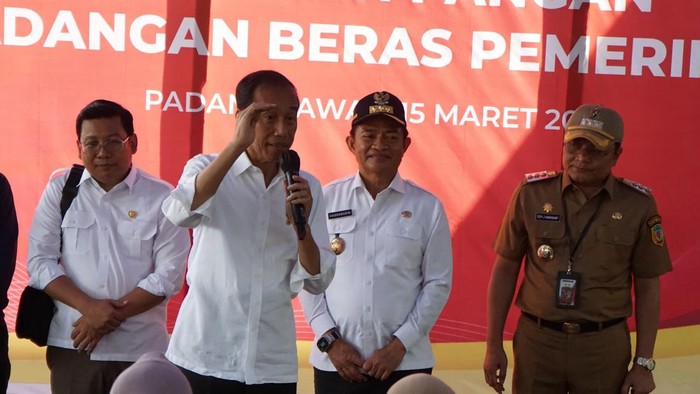 Presiden Joko Widodo (Jokowi) bersama Pj Bupati Palas Edy Junaedi serta para menteri lainnya mendatangi Gudang Bulog GDT Huta Lombang, Jalan Sibuhuan-Gunung Tua, Kabupaten Padang Lawas (Palas). (Goklas Wisely/detikSumut).