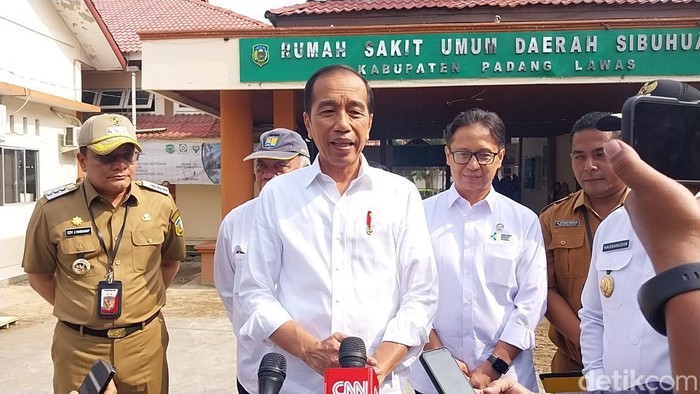 Presiden Jokowi didampingi Pj Bupati Palas Edy Junaedi Harahap usai mengecek kondisi RSUD Sibuhuan.(Finta Rahyuni/detikSumut)