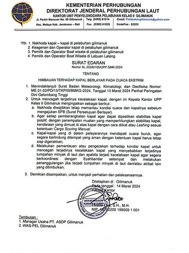 Surat Edaran tentang Imbauan terhadap Kapal Berlayar pada Cuaca Ekstrem.