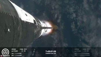 Foto di atas, booster Super Heavy Starship saat mulai direncanakan jaraknya dari pesawat. Booster tersebut telah dirancang untuk mendarat dengan cara yang mirip dengan roket Falcon 9 SpaceX yang lebih kecil. Foto: SpaceX via Daily Mail