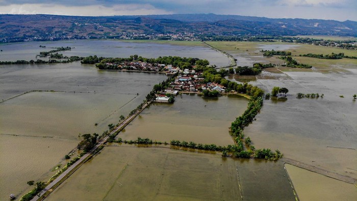 Lahan pertanian terdampak banjir luapan Bengawan Solo Foto udara kondisi persawahan yang terendam banjir di Rangel, Tuban, Jawa Timur, Sabtu (16/3/2024). Menurut Badan Penanggulangan Bencana Daerah (BPBD) Tuban, luapan Sungai Bengawan Solo yang terjadi sejak Minggu (10/3) itu mengakibatkan puluhan hektare lahan pertanian di 26 desa terendam banjir. ANTARA FOTO/Muhammad Mada/YU