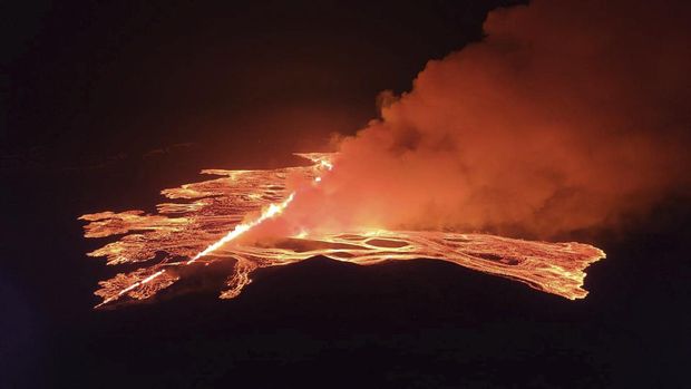 This image from video provided by Iceland Civil Defense shows lava erupting from a volcano between Hagafell and Stóri-Skógfell, Iceland, on on Saturday, March 16, 2024. (Iceland Civil Defense via AP)