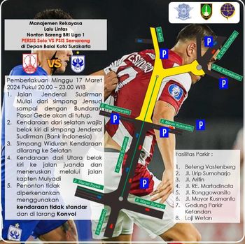 Penguman rakayasa lalu lintas saat acara nobar Derby Jateng di depan Balai Kota Solo.