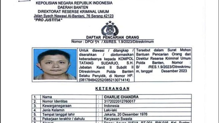 Charlie Chandra, Buronan kasus pemalsuan surat yang dicari Polda Banten.