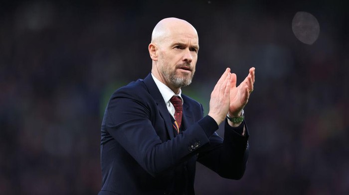 MANCHESTER, ENGLAND - MARCH 17: Manchester United manager Erik ten Hag applauds the support after the Emirates FA Cup Quarter Final match between Manchester United and Liverpool at Old Trafford on March 17, 2024 in Manchester, England. (Photo by Simon Stacpoole/Offside/Offside via Getty Images)