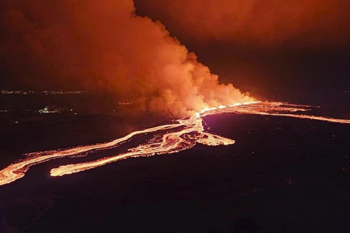 This image provided by Iceland Civil Defense shows lava erupting from a volcano between Hagafell and Stóri-Skógfell, Iceland, on on Saturday, March 16, 2024. (Iceland Civil Defense via AP)