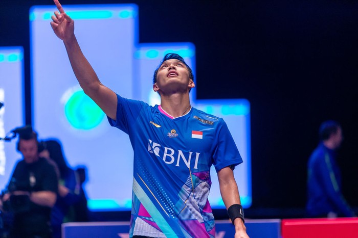 BIRMINGHAM, ENGLAND - MARCH 17: Jonatan Christie of Indonesia reacts in the Mens Singles Final match against Anthony Sinisuka Ginting of Indonesia on day six of the Yonex All England Open Badminton Championships 2024 at Utilita Arena Birmingham on March 17, 2024 in Birmingham, England. (Photo by Tai Chengzhe/VCG via Getty Images)