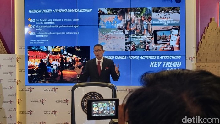 Menteri Pariwisata dan Ekonomi Kreatif (Menparekraf), Sandiaga Salahuddin Uno, di Weekly Press Briefing with Sandiaga Uno, Senin (18/3/2024).